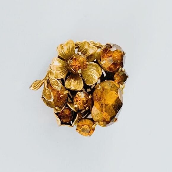 Vintage Yellow Amber Rhinestones Crystal Floral Brooch Pin Gold Tone - Picture 3 of 5